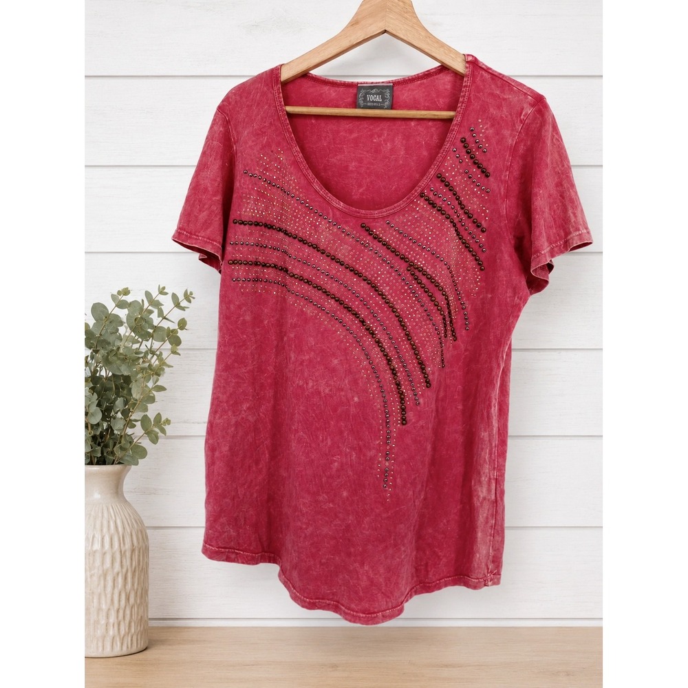 Vocal Studded Rhinestone T-Shirt Womens XL Pink Acid Wash Western Boho